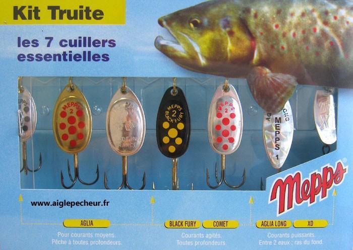 Kit Truite Mepps 7 cuillers pour la pêche de la truite : aglia, black fury,  comet